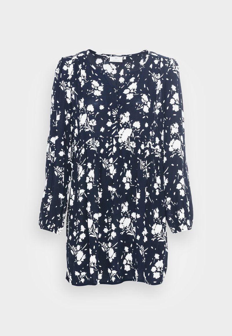 Marineblaues Kleid mit weißem Blumenmuster, langen Puffärmeln, V-Ausschnitt und leicht ausgestellter Silhouette. Hergestellt aus leichtem Stoff.