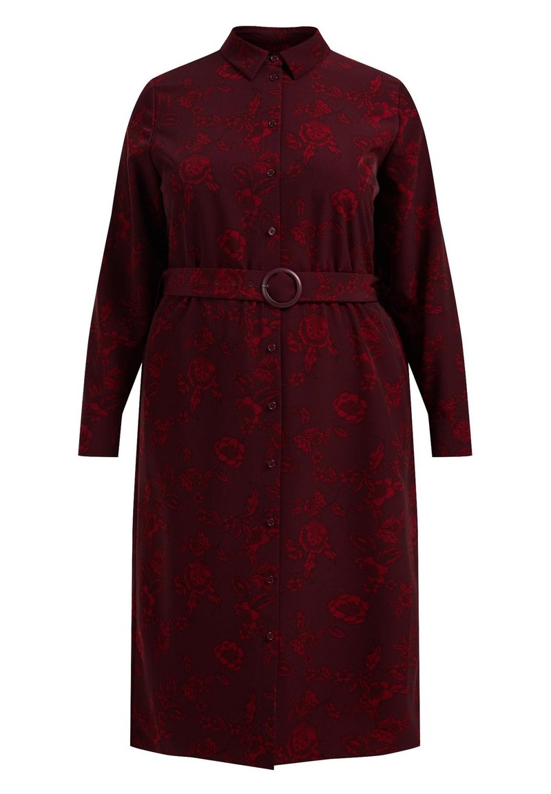 Burgunderfarbene Blumenkleid mit langen Ärmeln, einem Kragen, durchgehender Knopfleiste und einem passenden Gürtel mit einer runden Schnalle. Glatter Stoff mit einem strukturierten Muster.