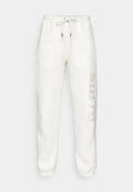 Weiße Fleece-Sweatpants mit einem Kordelzug, schmal zulaufenden Beinen und aufgedrucktem "PARIS"-Text auf der linken Seite. Weicher Stoff und lässiges Design.