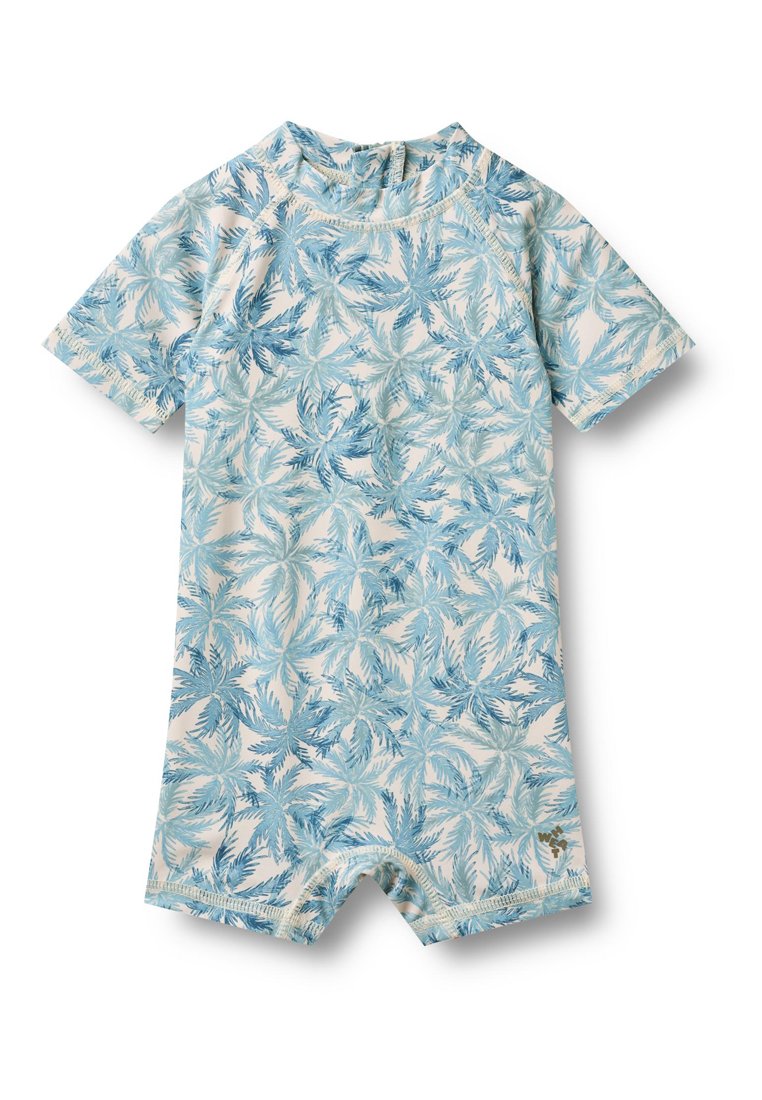 Kurzärmiger Badeanzug mit einem hellblauen tropischen Blattmuster auf cremfarbenem Hintergrund. Hergestellt aus dehnbarem Material für einen bequemen Sitz.