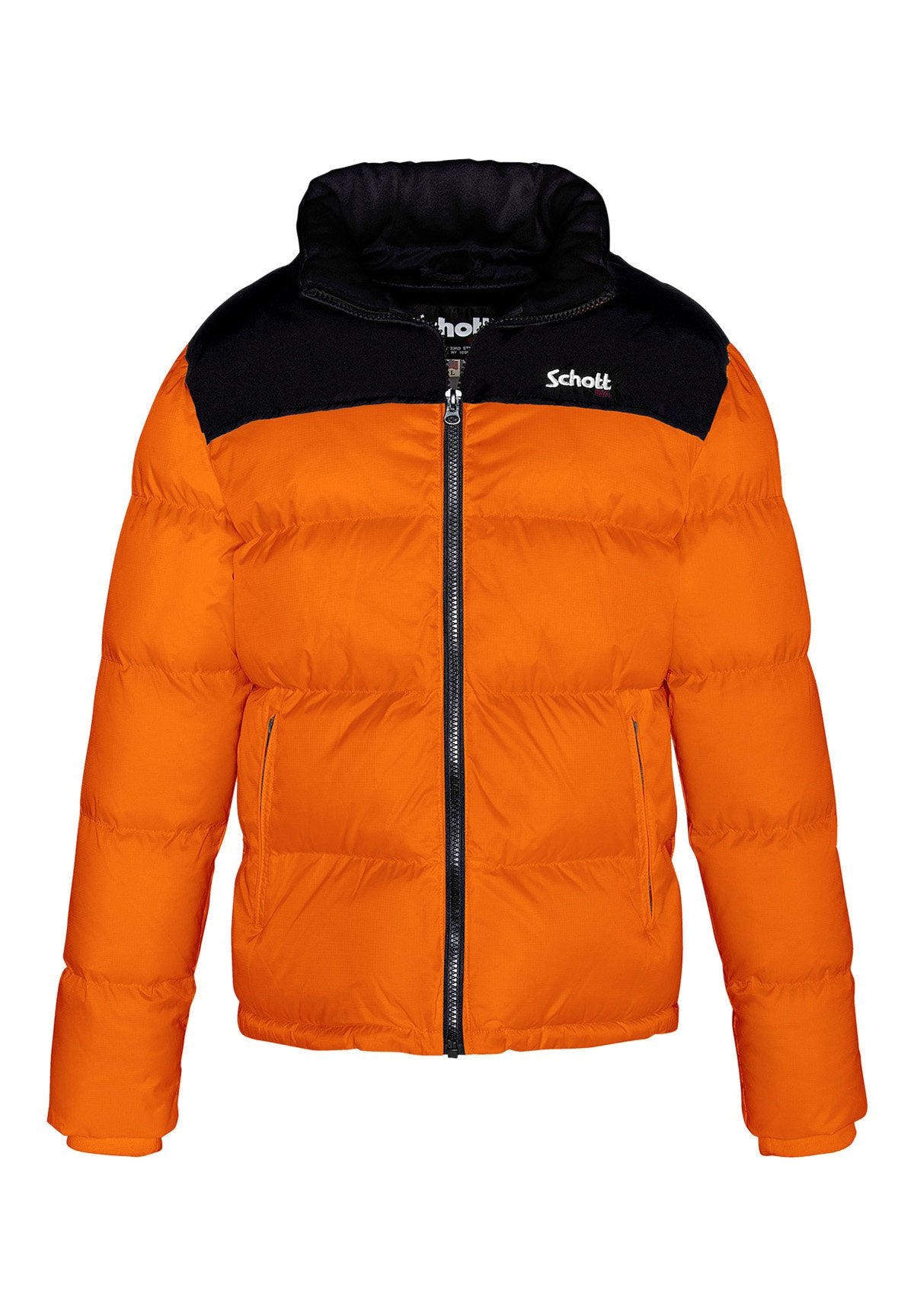Oranger Puffer-Jacke mit schwarzem gesteppte Oberteil, Reißverschluss und steigendem Kragen. Verfügt über ein horizontales Steppmuster und Seitentaschen.