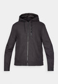 Schwarze Kapuzenjacke mit Reißverschluss, aus strukturiertem Material, verstellbaren Kordeln und einer Reißverschlusstasche auf der Brust.