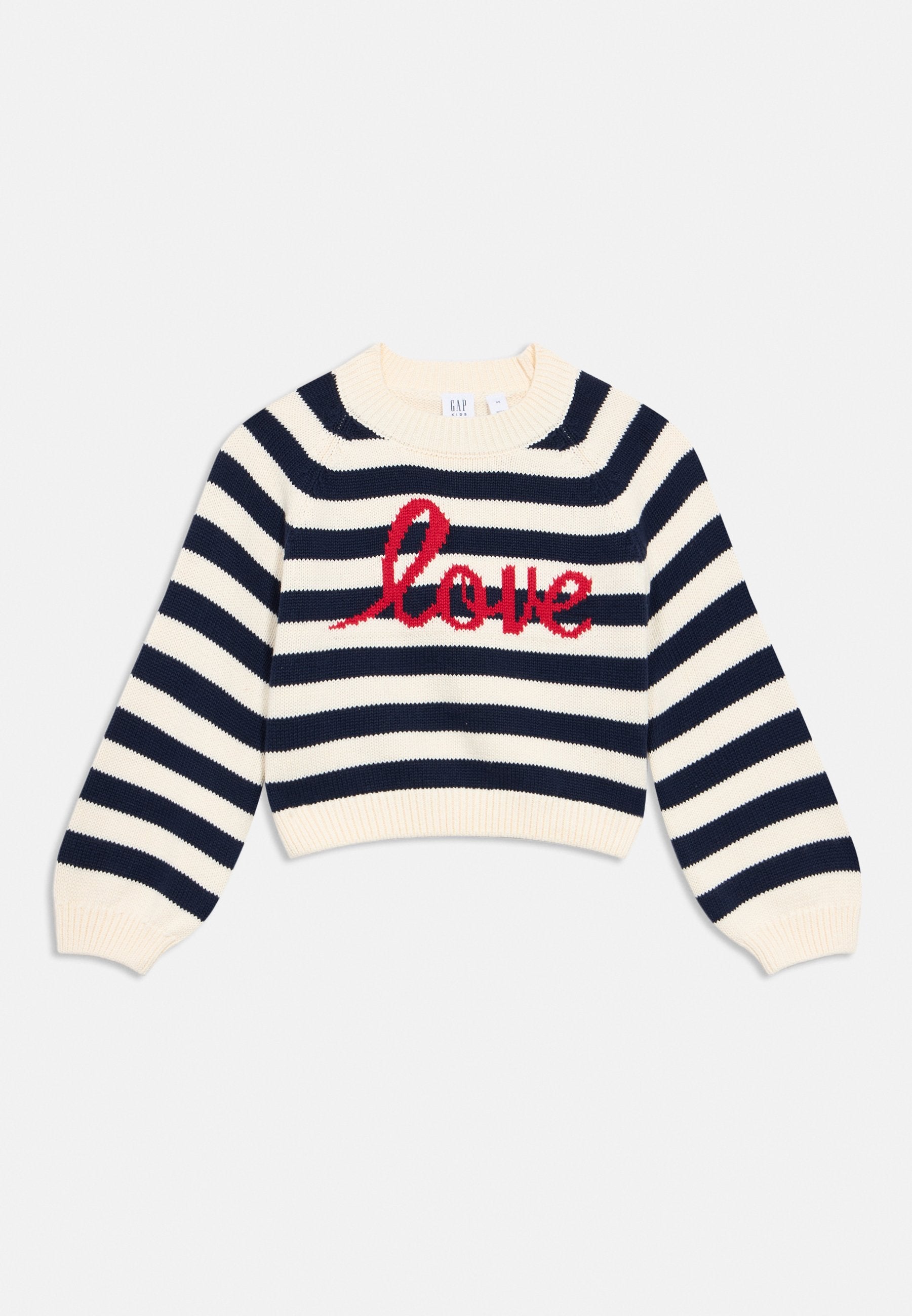 Gestreifter Strickpullover in Creme und Marineblau mit rotem "Love"-Grafikdruck. Gerippter Rundhalsausschnitt und Bündchen, mit kurzem Schnitt und lässiger Passform.