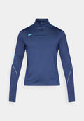Marineblaues Langarmshirt mit Viertelreißverschluss, mit hellblauen Akzenten und einem weißen Seitenstreifen, gefertigt aus einem glatten, dehnbaren Stoff.