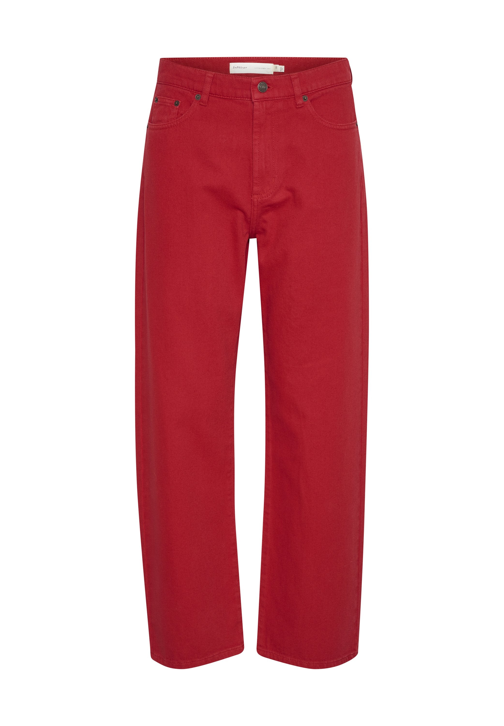 Rote Baumwoll-Denim-Hose mit gerader Beinform, ausgestattet mit einem Knopfverschluss vorne, zwei vorderen Taschen und einem minimalistischen Stil.