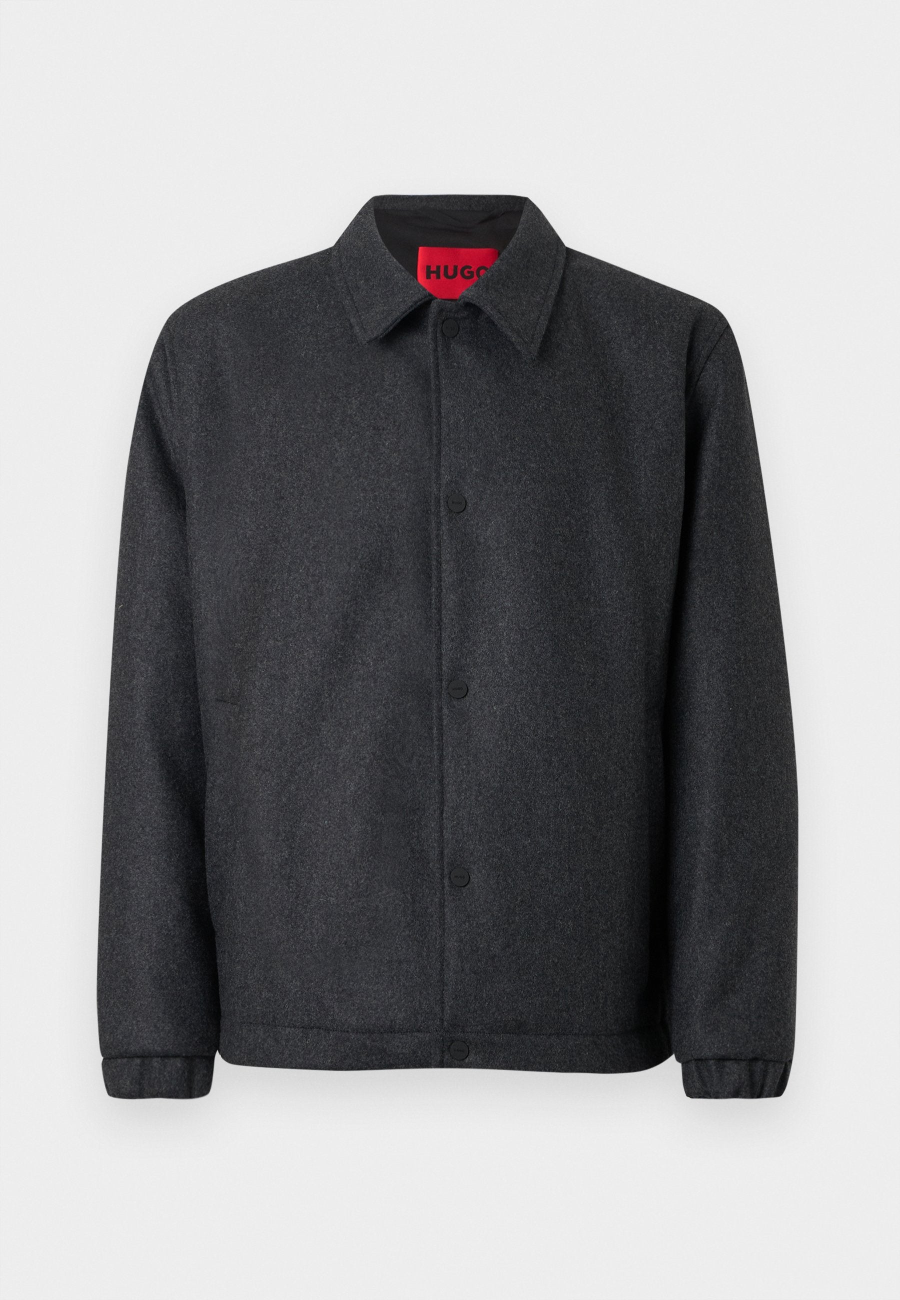 Dunkelgraue Jacke aus Wollmischung mit Knopfleiste, klassischem Kragen und elastischen Bündchen für eine enganliegende Ärmel.