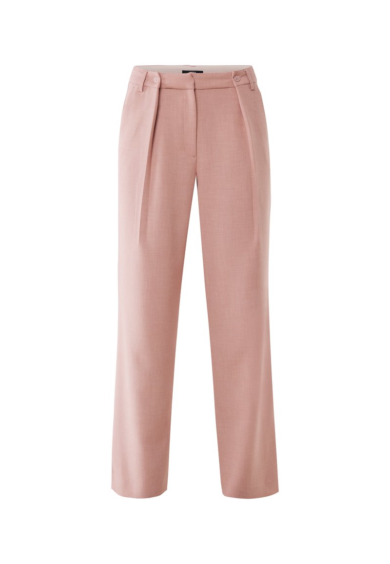 Hochgeschnittene, gerade geschnittene rosa Hosen mit vorderen Falten, geknöpften Taillenlaschen und einem verdeckten Frontverschluss.