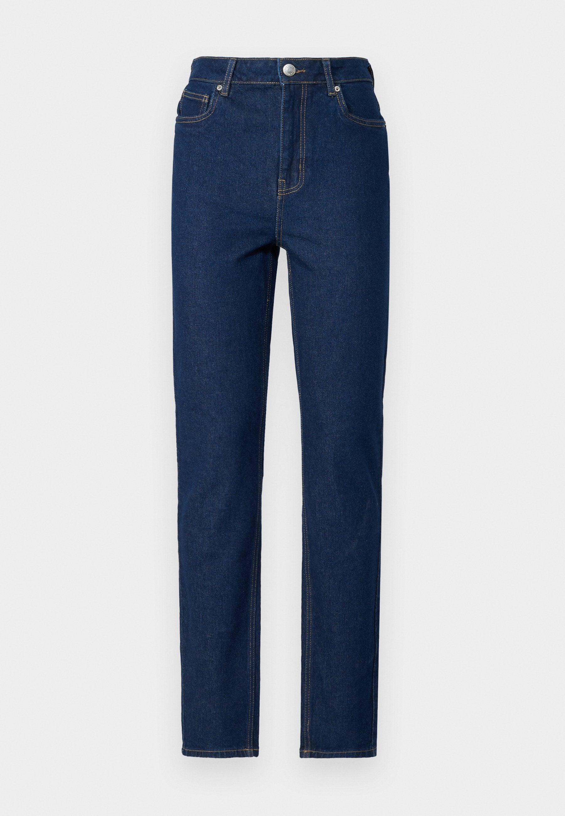 Dunkelblaue Jeans aus Denim mit hoher Taille, geradem Bein, Kontrastnähten, fünf Taschen sowie einem vorderen Knopf- und Reißverschluss.