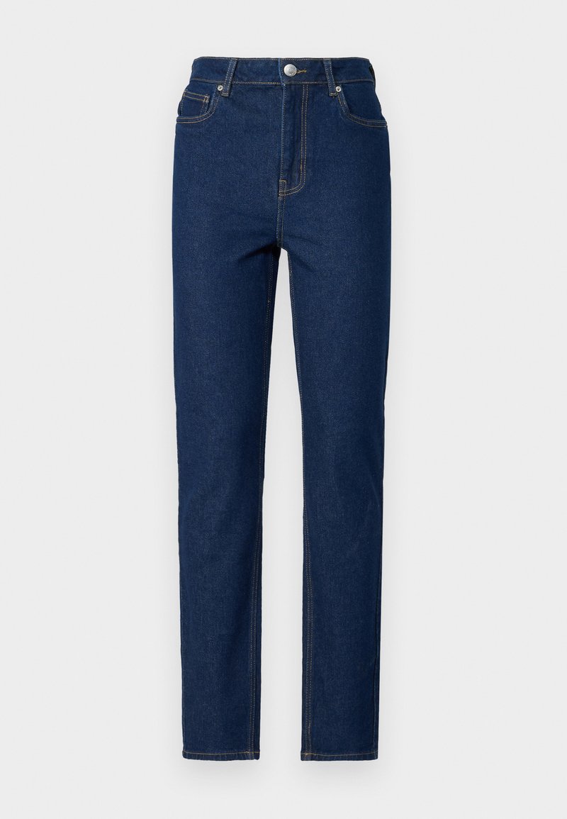 Dunkelblaue Jeans aus Denim mit hoher Taille, geradem Bein, Kontrastnähten, fünf Taschen sowie einem vorderen Knopf- und Reißverschluss.