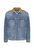 Hellblaues Denim-Jackett mit einem beigen Cordkragen, vorderer Knopfverschluss, zwei Brusttaschen und Ausbleichungsdetails. Klassisches Design.