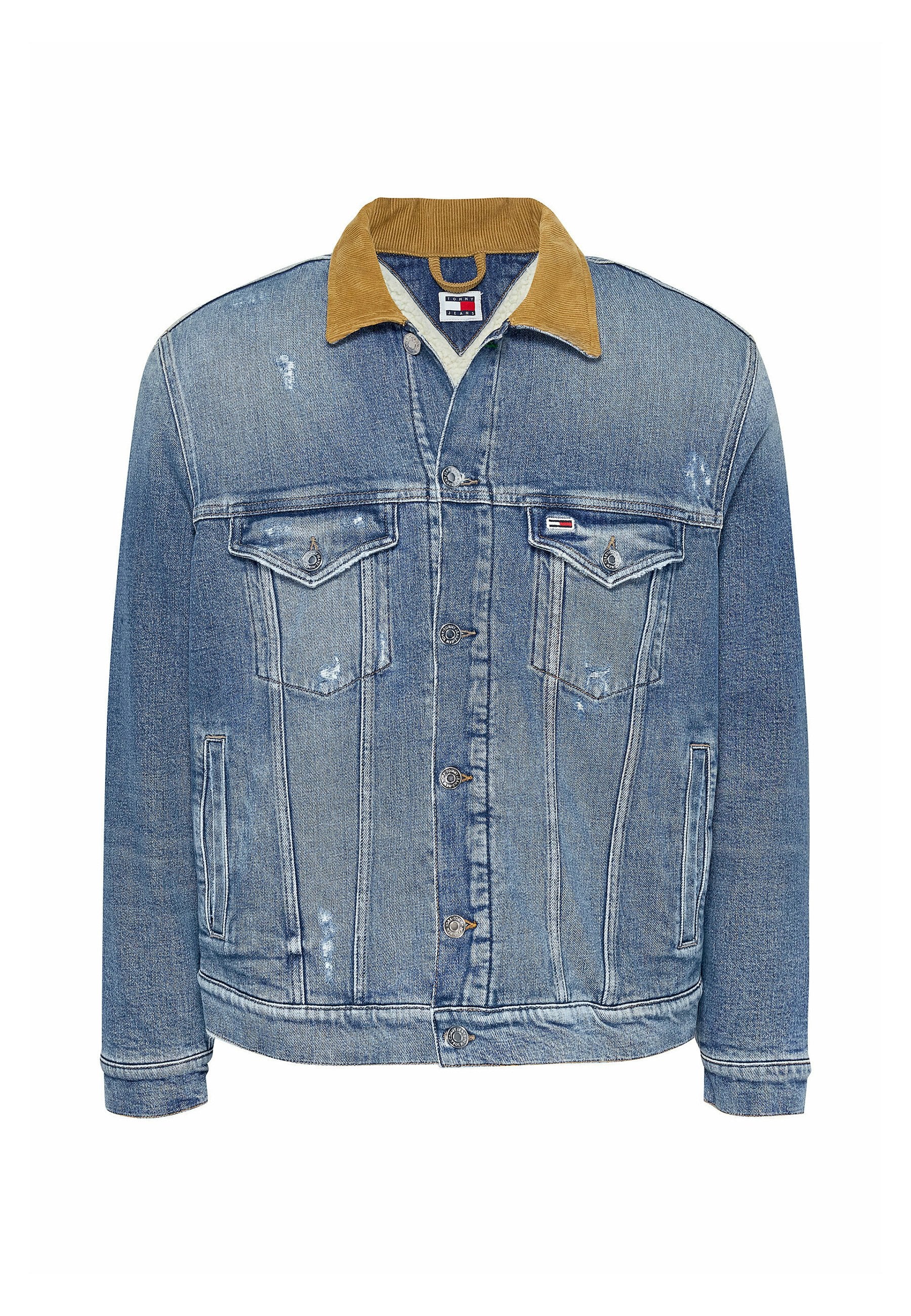 Hellblaues Denim-Jackett mit einem beigen Cordkragen, vorderer Knopfverschluss, zwei Brusttaschen und Ausbleichungsdetails. Klassisches Design.