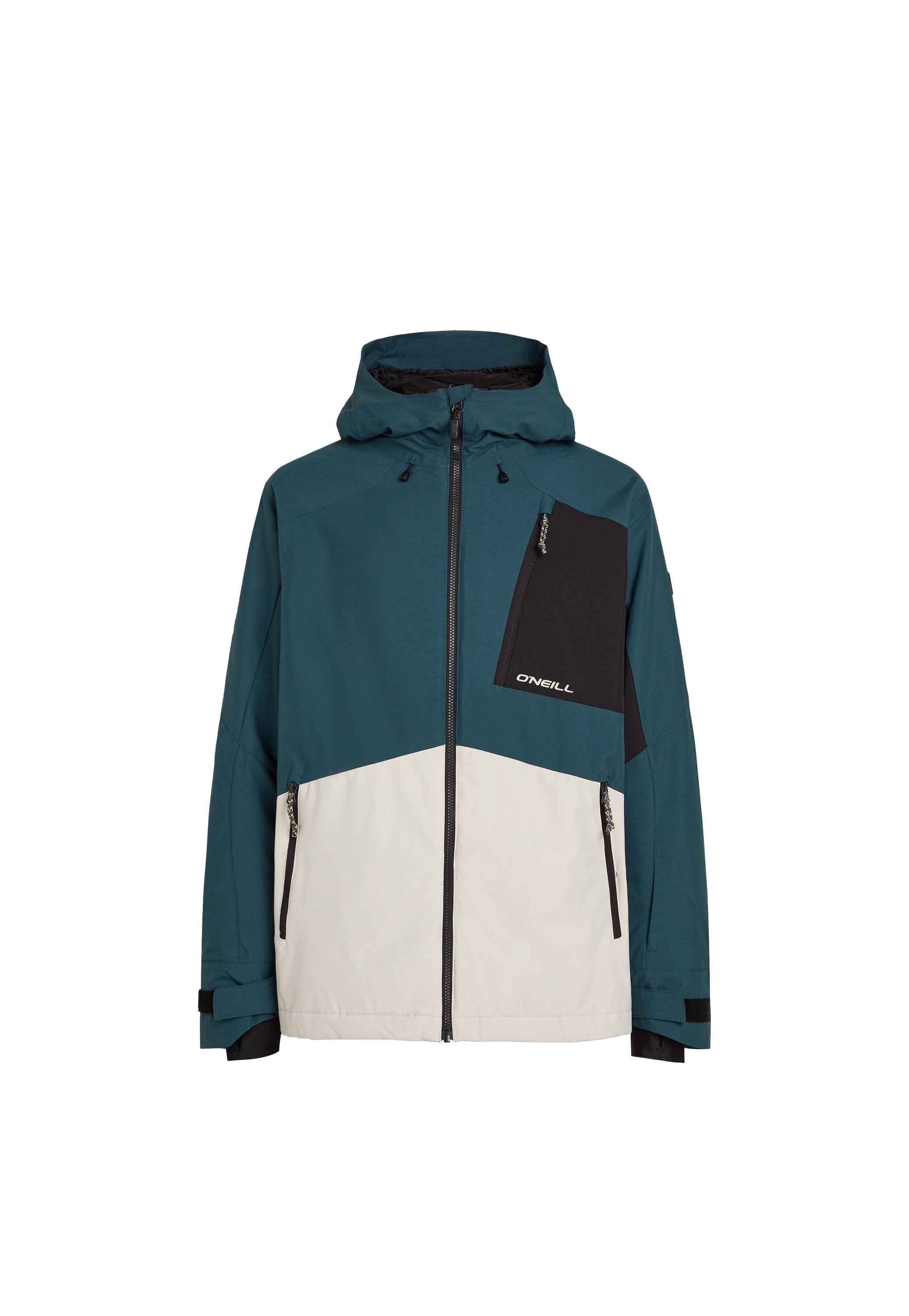 Türkis- und cremefarbener Jacke mit Reißverschluss vorne, abnehmbarer Kapuze und schwarzer Brusttasche. Mit kontrastierenden Einsätzen und seitlichen Reißverschlusstaschen.