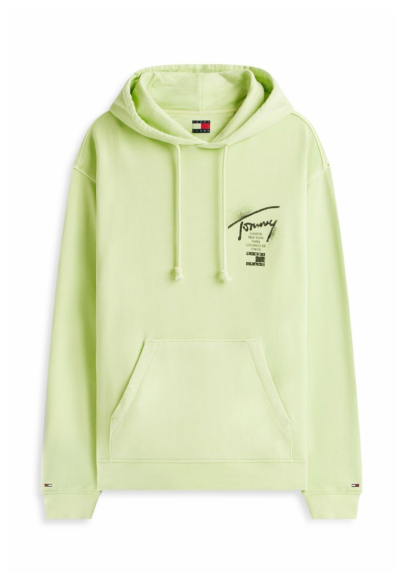 Hellgrüner Kapuzenpullover mit Fronttasche, Kordelzug, schwarzem Schriftzug auf der linken Brust und kleinem Logo an den Bündchen.