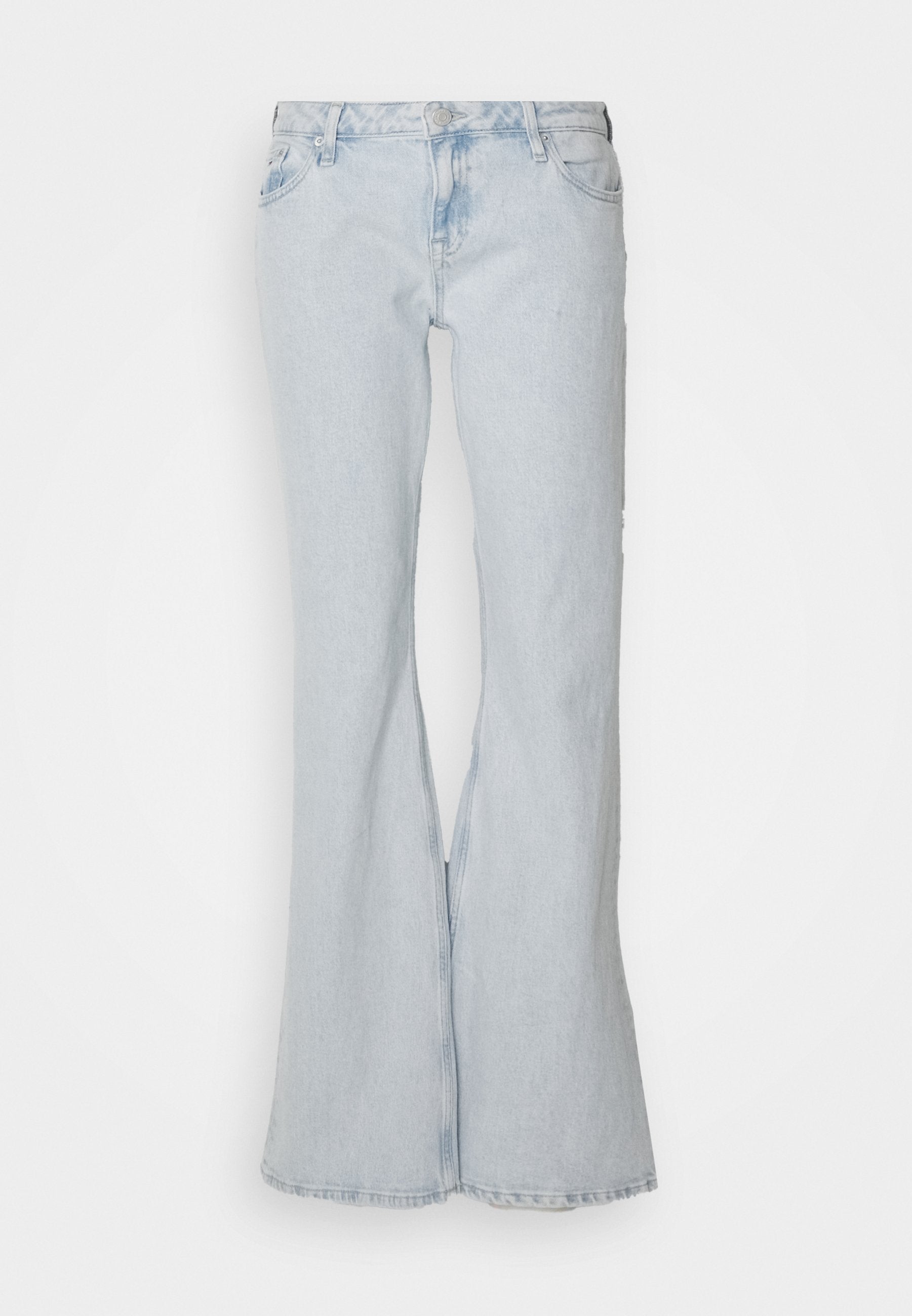 Hellblaue, aus Denim gefertigte Schlagjeans mit hoher Taille, ausgestattet mit einem Reißverschluss und Knopfverschluss, fünf Taschen und einem angesagten Used-Look auf der Vorderseite.