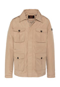 Beige Jacke aus glattem Stoff mit großen Brusttaschen mit Knopfverschluss, spitzem Kragen und durchgehendem Reißverschluss. Lässiges Design.