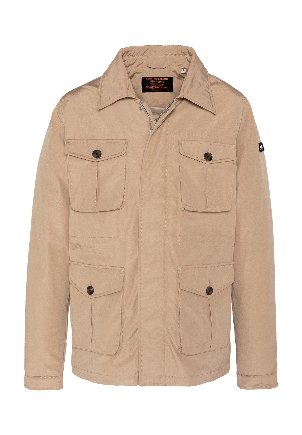 Beige Jacke aus glattem Stoff mit großen Brusttaschen mit Knopfverschluss, spitzem Kragen und durchgehendem Reißverschluss. Lässiges Design.