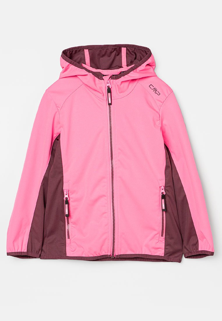 Rosa Softshell-Jacke mit einem braunen unteren Abschnitt, Vorderreißverschluss, zwei seitlichen Taschen, passender Kapuze und kontrastierenden Stitching-Details.