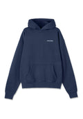 Dunkelblaues Kapuzenshirt, Baumwollmischung, lockerer Schnitt, Kängurutasche, gerippte Bündchen und Saum, mit "PEGADOR" in hellblau bedruckt.