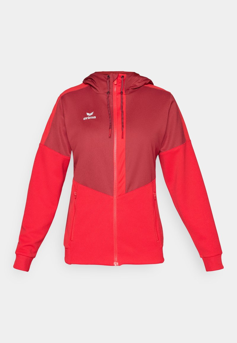 Roter Reißverschluss-Hoodie mit Kapuze, kontrastierenden dunkler roten Einsätzen, gerippten Bündchen und zwei seitlichen Reißverschlusstaschen. Mit Logo auf der Brust.