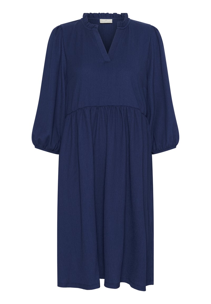 Dunkelblaues Kleid mit strukturiertem Finish, ausgestattet mit einem plissierten Oberteil, Rüschenausschnitt und Ballonärmeln, im knielangen Design.
