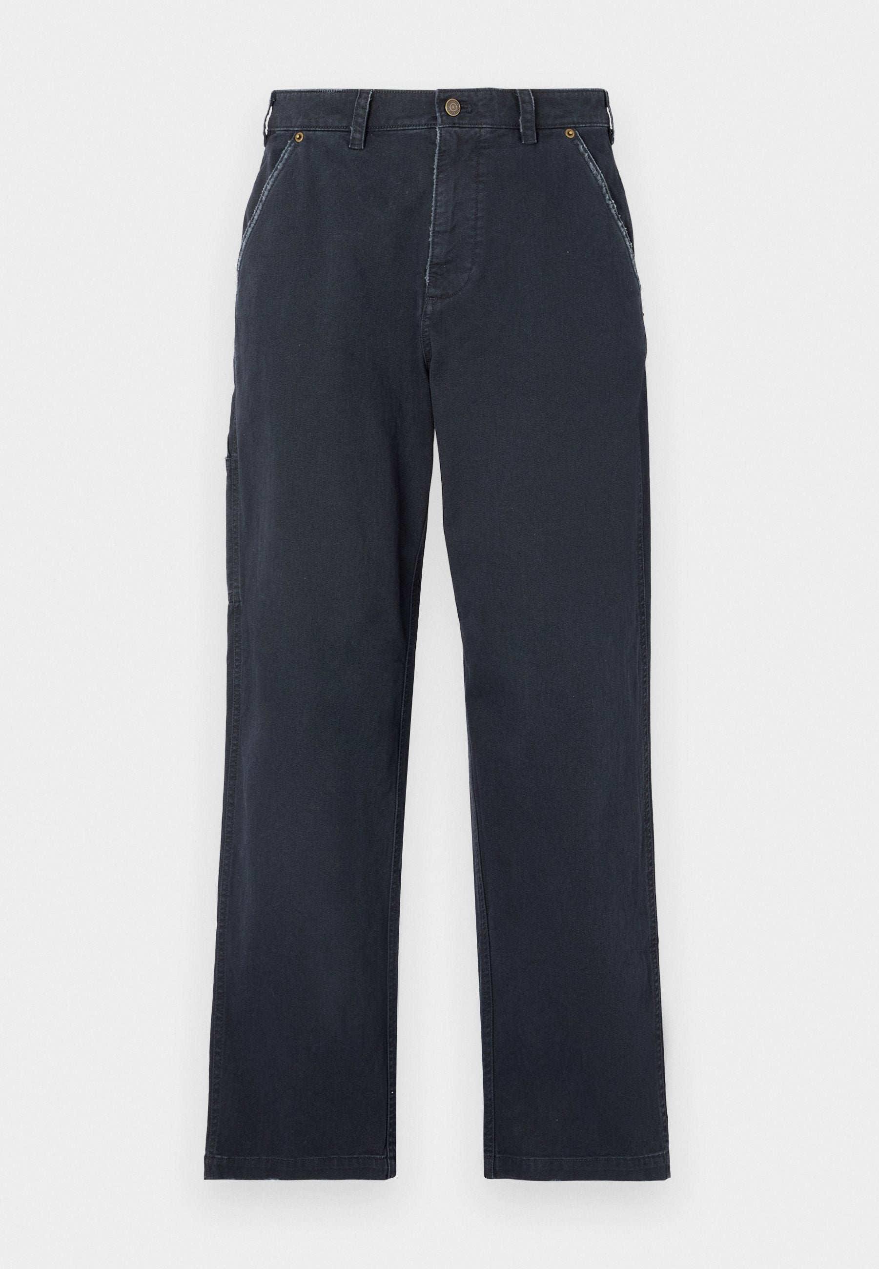 Hüftlange, marineblaue Baumwollhose mit geradem Bein. Mit Fronttaschen, einem Knopfverschluss und sichtbaren Nahtdetails.