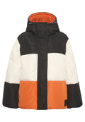 Puffjacke mit einem schwarz-weißen-orangefarbenen Farbblockdesign. Verfügt über eine Kapuze und einen Druckknopfverschluss vorne. Glatte, glänzende Stoffoberfläche.