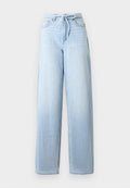 Hellblaue Jeans mit hoher Taille, weitem Bein, Fronttaschen und Kordelzugverschluss.