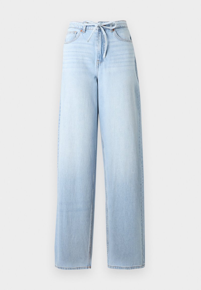 Hellblaue Jeans mit hoher Taille, weitem Bein, Fronttaschen und Kordelzugverschluss.