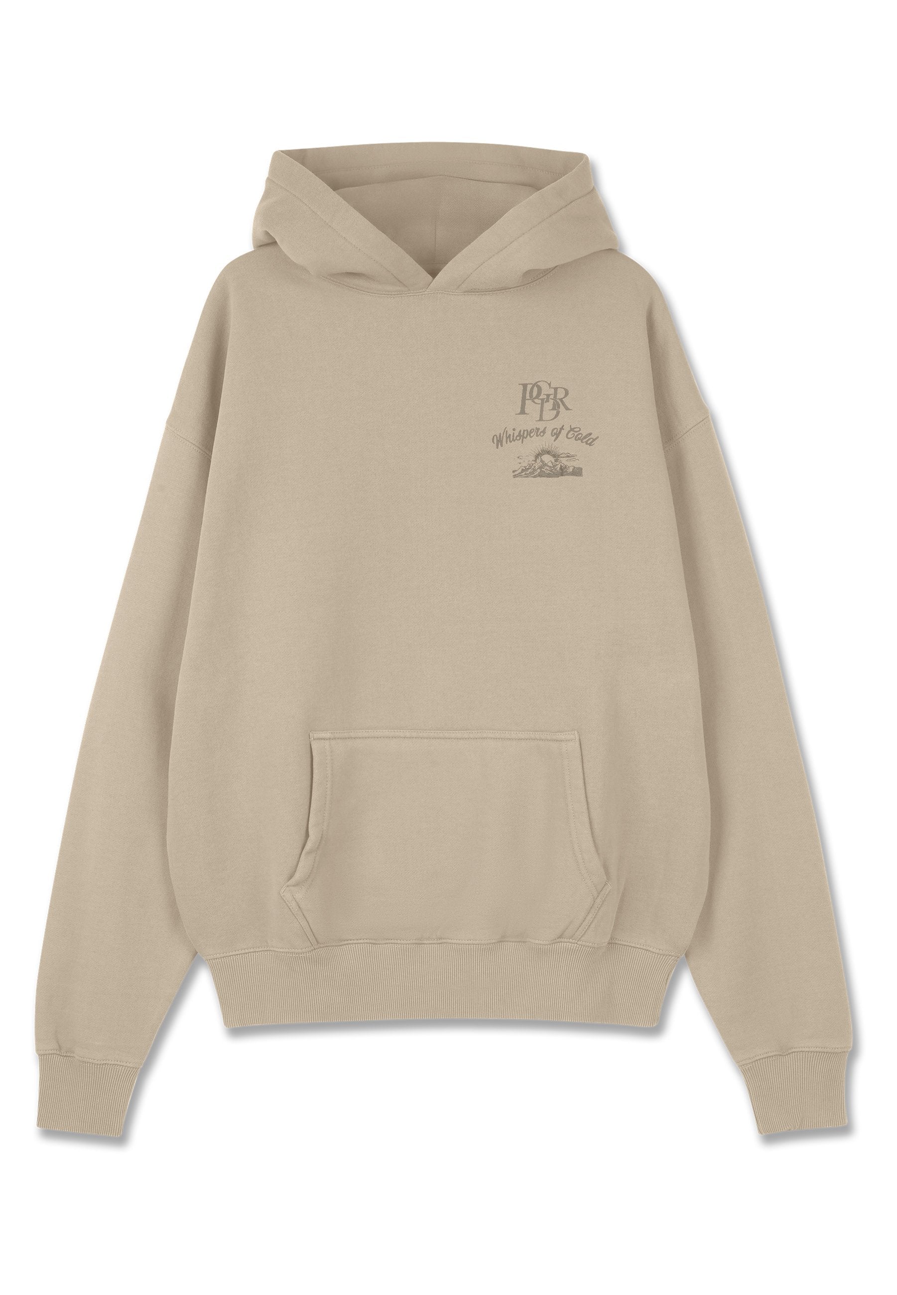 Beige Kapuzenpullover aus weichem Stoff, mit einer vorderen Tasche, gerippten Bündchen und Saum, mit dem Text „Whispers of Gold“ und einer Grafik auf der Brust.