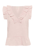 Helles rosa Bluse mit V-Ausschnitt und Rüschensäumen, aus strukturiertem Stoff und mit Peplum-Saum.