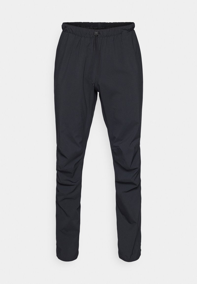 Schwarze leichte Hose mit elastischem Bund, Kordelzug und schmal zulaufendem Bein. Hergestellt aus wasserabweisendem Material mit glatter Textur.