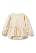 Cremfarbener Peplum-Top mit langen Puffärmeln, rundem Ausschnitt, strukturierter Stoff mit dezenten Blumenmustern und Rückenknopfverschluss.