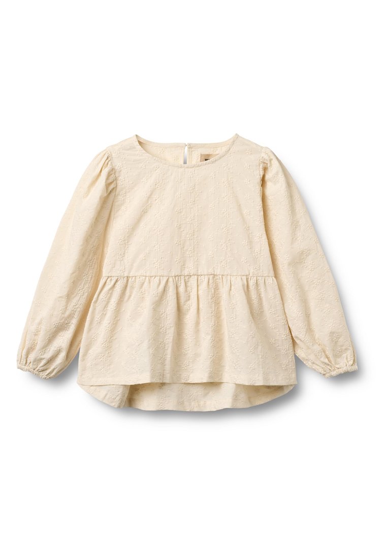 Cremfarbener Peplum-Top mit langen Puffärmeln, rundem Ausschnitt, strukturierter Stoff mit dezenten Blumenmustern und Rückenknopfverschluss.