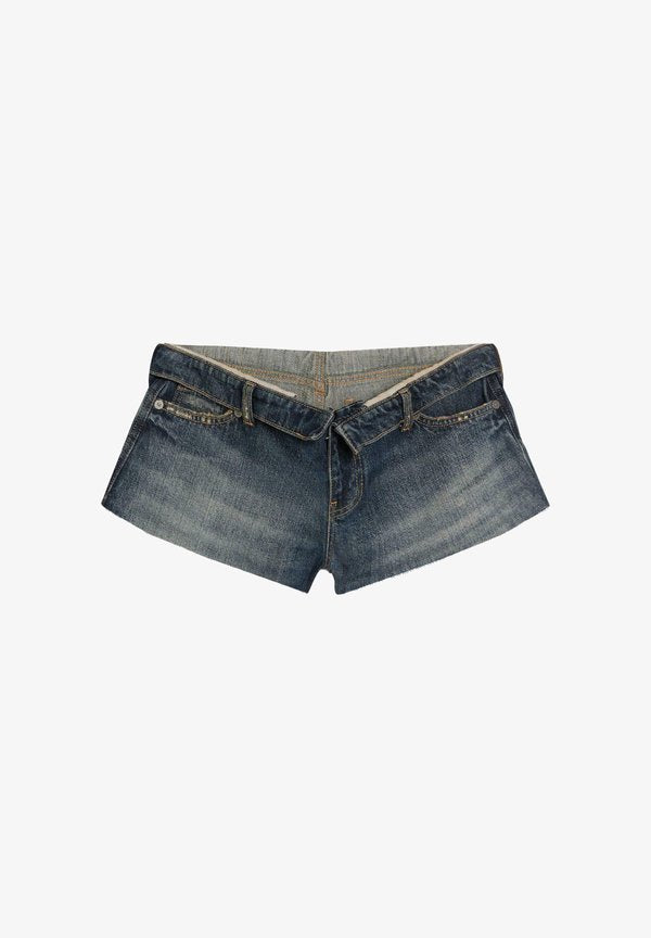 Bershka MINI WITH FOLD-OVER WAIST - SHORTS - Denim shorts - dark blue