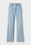 Helleblaue Jeans aus Denim mit hoher Taille, weitem Bein und zwei aufgerissenen Knieflicken. Verfügt über Gürtelschlaufen und frontale Taschen.