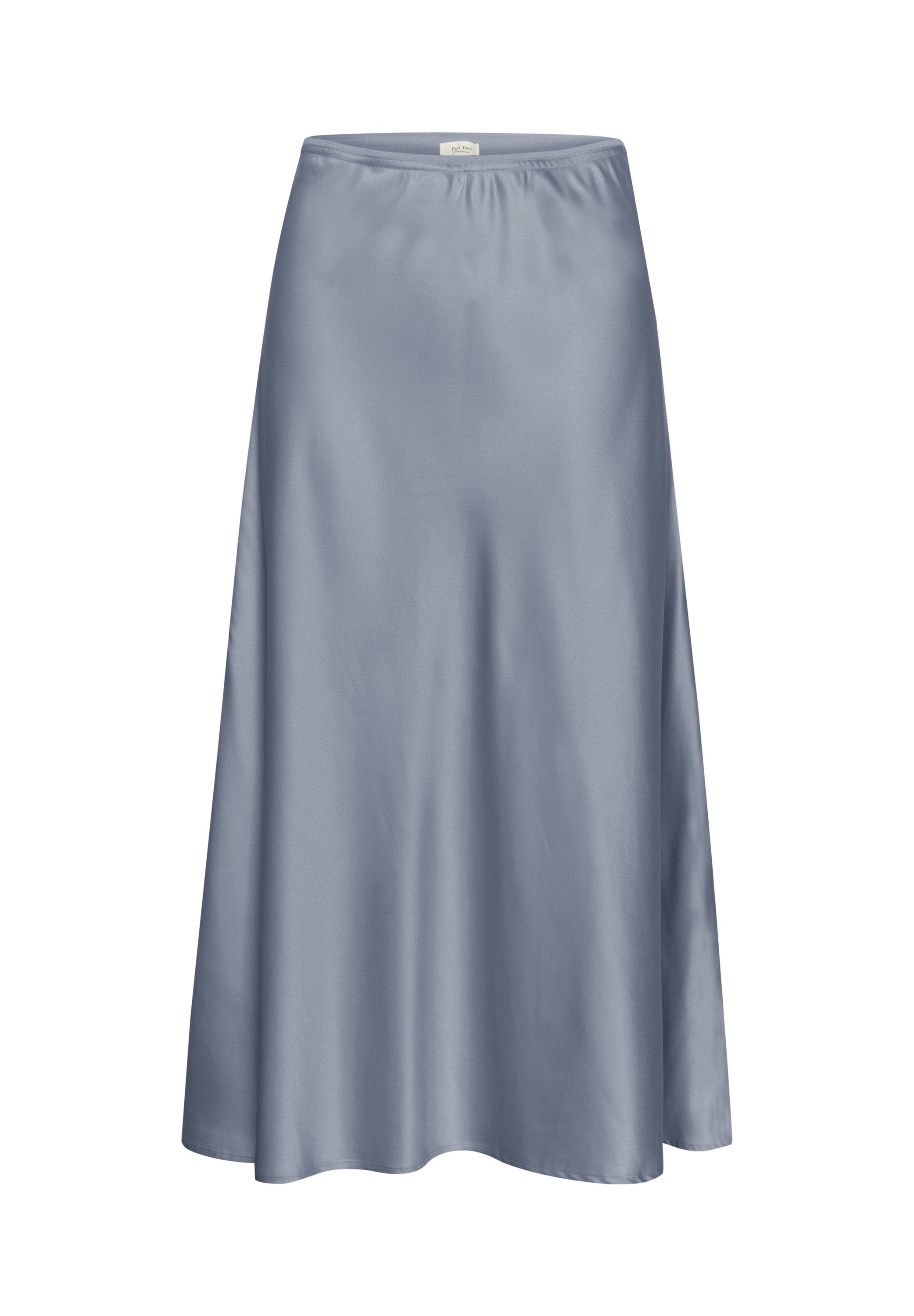 Himmelblaue Satin-Midillänge mit glatter Textur, elastischem Bund und ausgestellter Form, die ein sauberes, minimalistisches Design aufweist.