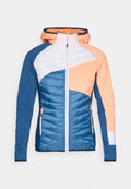 Blaue und orange Jacke mit Kapuze, ausgestattet mit einer gesteppten Textur, Reißverschlusstaschen und einem Farbblockdesign mit weißen Akzenten.