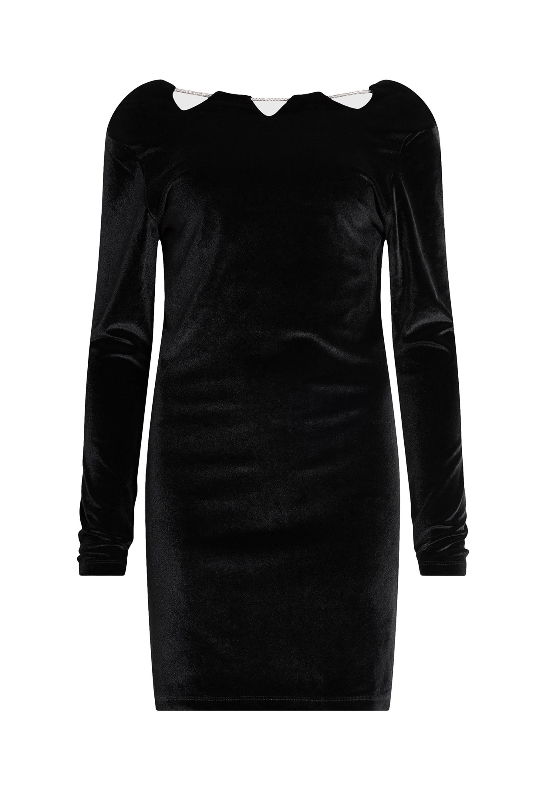 Schwarzes Samtkleid mit langen Ärmeln, taillierter Form und einem ausgefallenen Ausschnitt mit ausgeschnittenen Details. Akzentuiert mit einem Kettenelement.