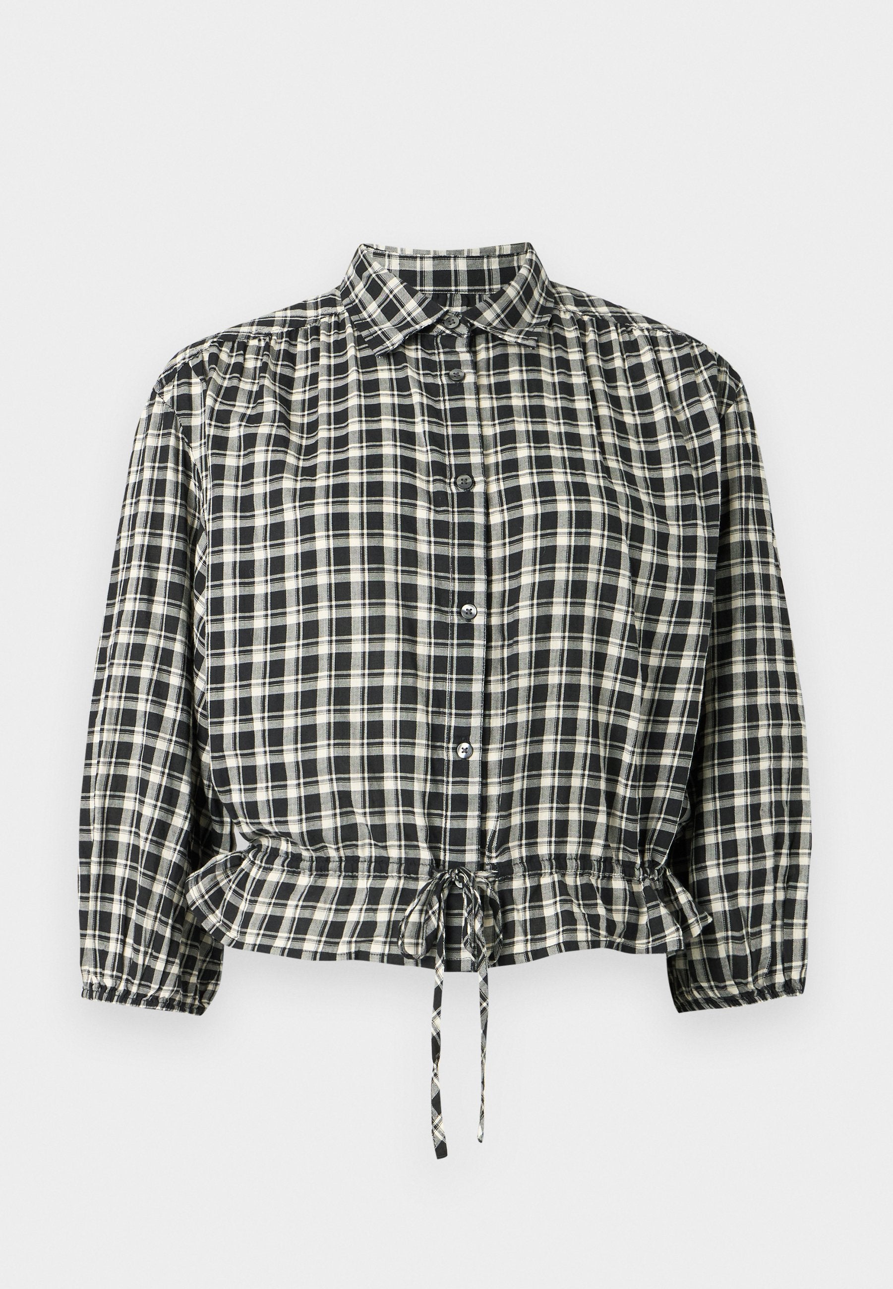 Schwarz-creme karierte Bluse mit Kragen, Knopfverschluss und elastischem Bund mit Kordelzug. Lange Ärmel mit Manschetten.