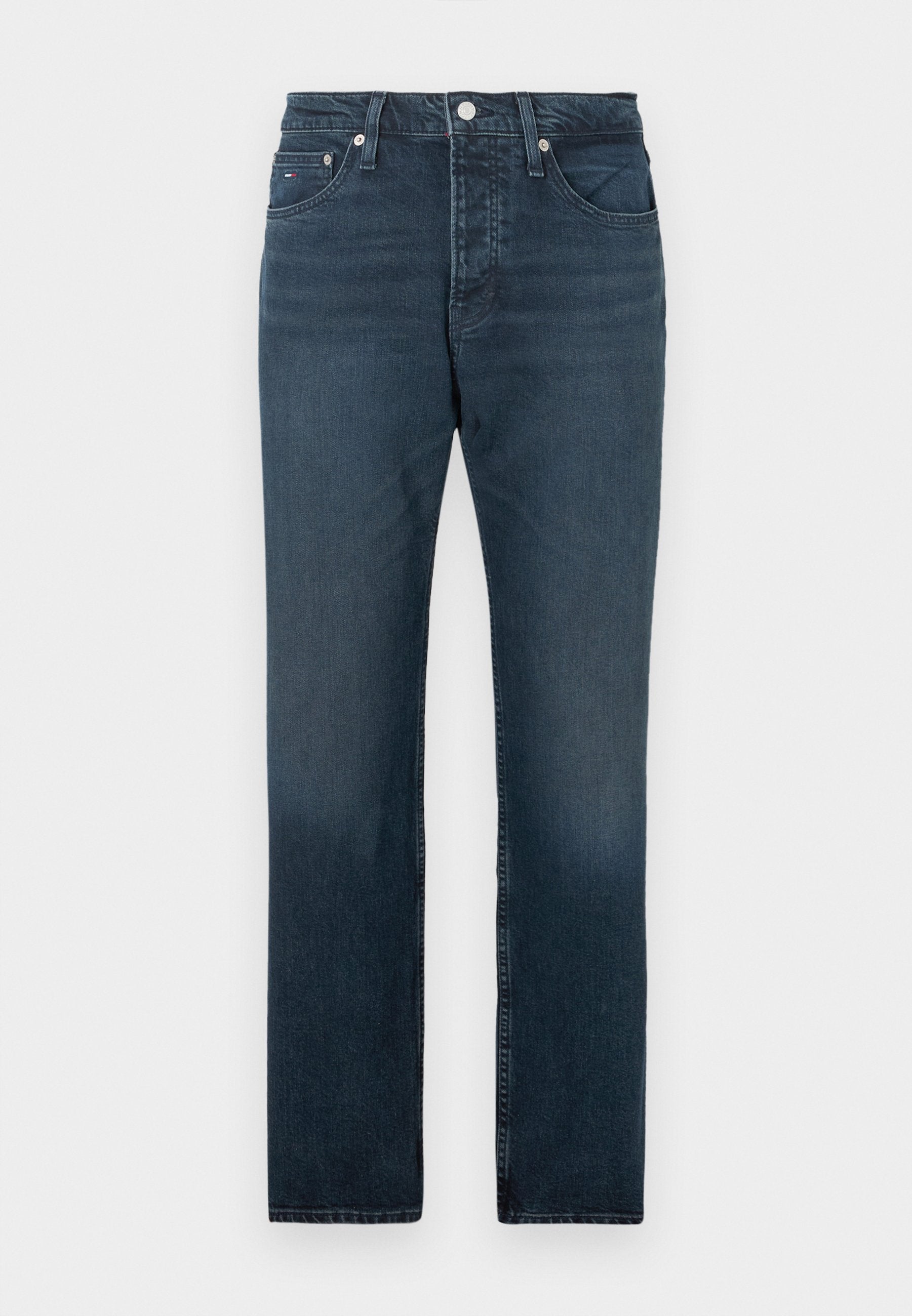 Dunkelblaue Jeans aus Denim mit geradem Bein, ausgestattet mit fünf Taschen, einem Knopfverschluss und minimaler Ausbleichung am Saum.