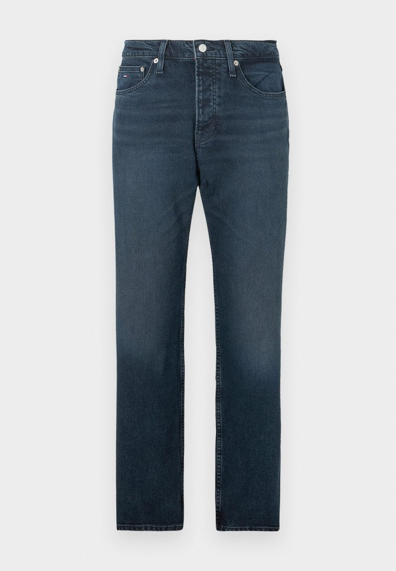 Dunkelblaue Jeans aus Denim mit geradem Bein, ausgestattet mit fünf Taschen, einem Knopfverschluss und minimaler Ausbleichung am Saum.