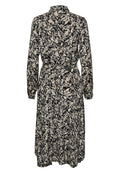 Schwarz-weißer midilanger Kleid mit Blumenmuster, langen Ärmeln, tailliertem Bund, Kragen und fließender Silhouette sowie strukturiertem Muster.