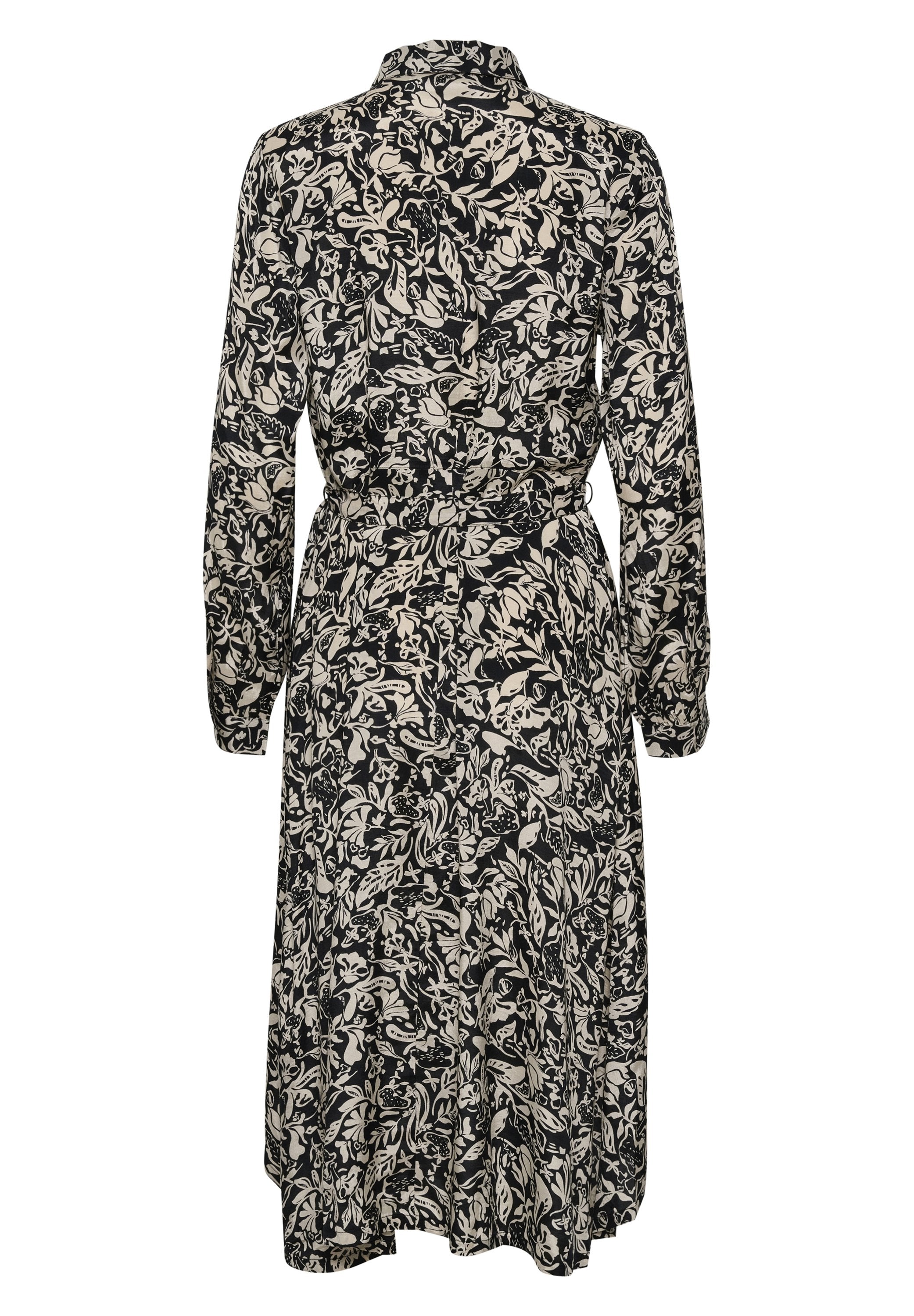 Schwarz-weißer midilanger Kleid mit Blumenmuster, langen Ärmeln, tailliertem Bund, Kragen und fließender Silhouette sowie strukturiertem Muster.