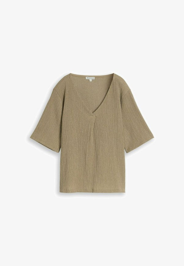 TOM TAILOR TOM TAILOR T-SHIRT CRINKLE T-SHIRT MIT V-AUSSCHNITT - Basic T-shirt - olive white structure