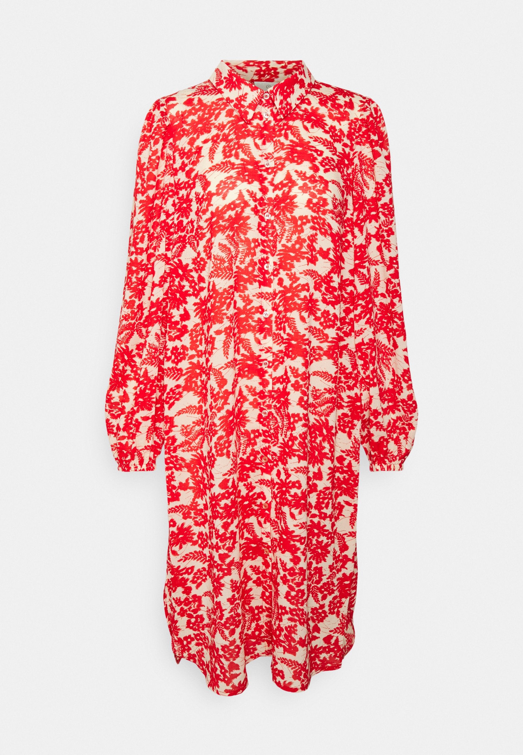 Rotes Blumendruckkleid mit langen Ärmeln, Kragen, durchgehender Knopfleiste und lockerer Passform. Der Stoff hat ein leichtes, strukturiertes Muster auf einem cremefarbenen Hintergrund.