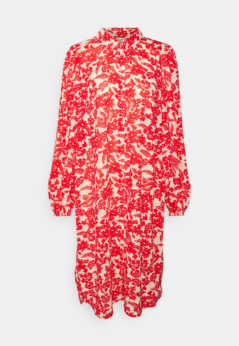 Rotes Blumendruckkleid mit langen Ärmeln, Kragen, durchgehender Knopfleiste und lockerer Passform. Der Stoff hat ein leichtes, strukturiertes Muster auf einem cremefarbenen Hintergrund.