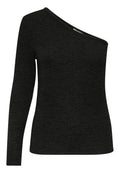 Schwarzes Langarmoberteil mit leicht asymmetrischem Ausschnitt, strukturiertem Stoff und taillierter Silhouette. Glatte Nähte an den Kanten.