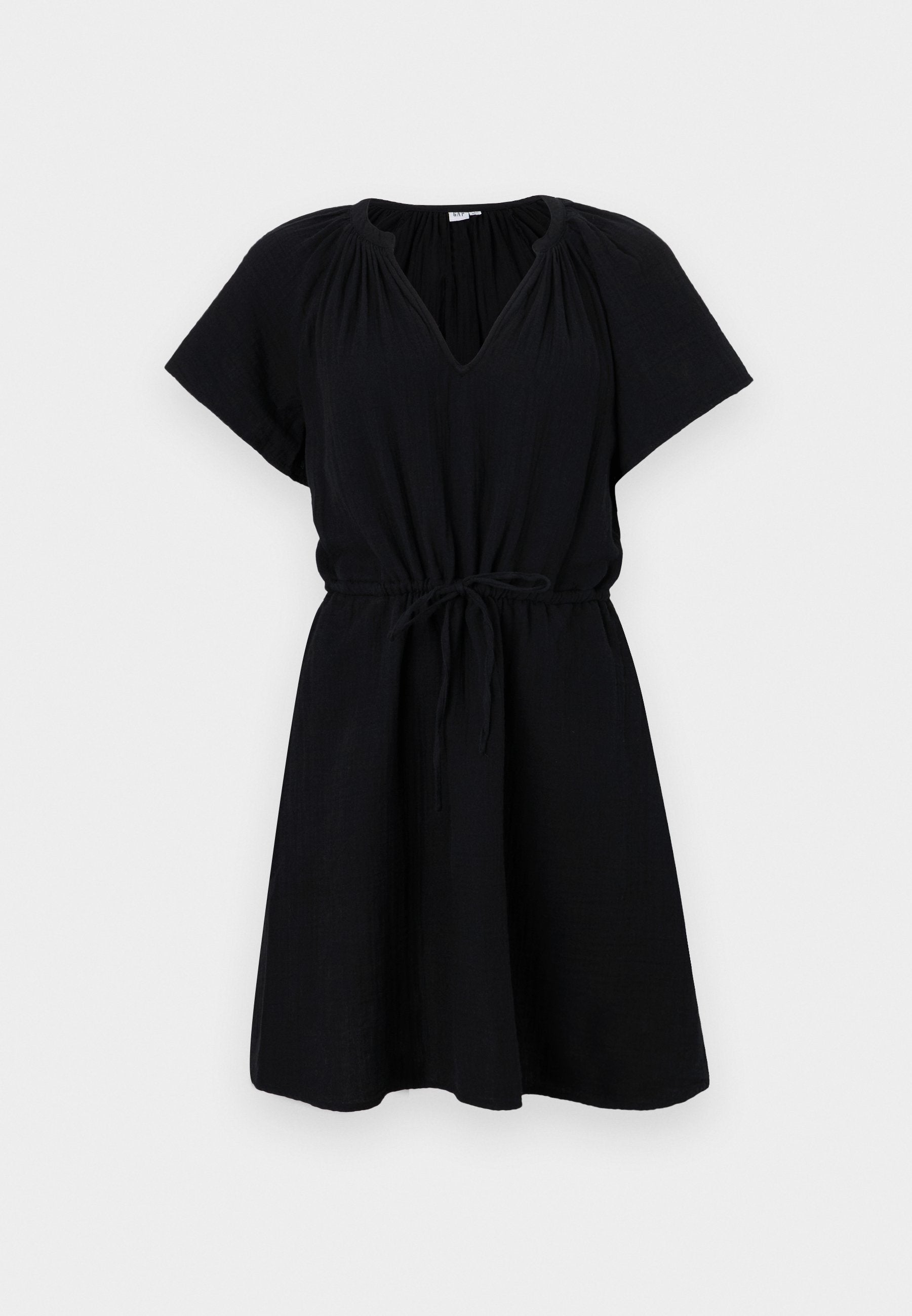 Schwarzes Kleid mit kurzen Ärmeln, V-Ausschnitt, elastischem Taillenbund mit Kordelzug und fließendem A-Linien-Rock. Hergestellt aus leichtem Stoff.