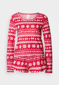 Rotes langärmeliges Pyjamaoberteil mit weißen Wintermustern, darunter Schneeflocken, Schleifen und Rentiere. Weicher Stoff mit Rundhalsausschnitt.