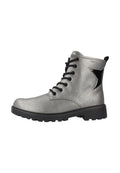 Silberner Schnürstiefelette mit schwarzer Sohle und schwarzem Stern-Detail an der Seite, entworfen für Freizeit- oder Outdoor-Aktivitäten.